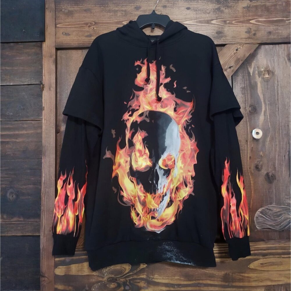 Current Mood ✦ Black Orange Flame Hoodie ✦ Detention Fire Skull Pullover S NWT - Picture 4 of 9
